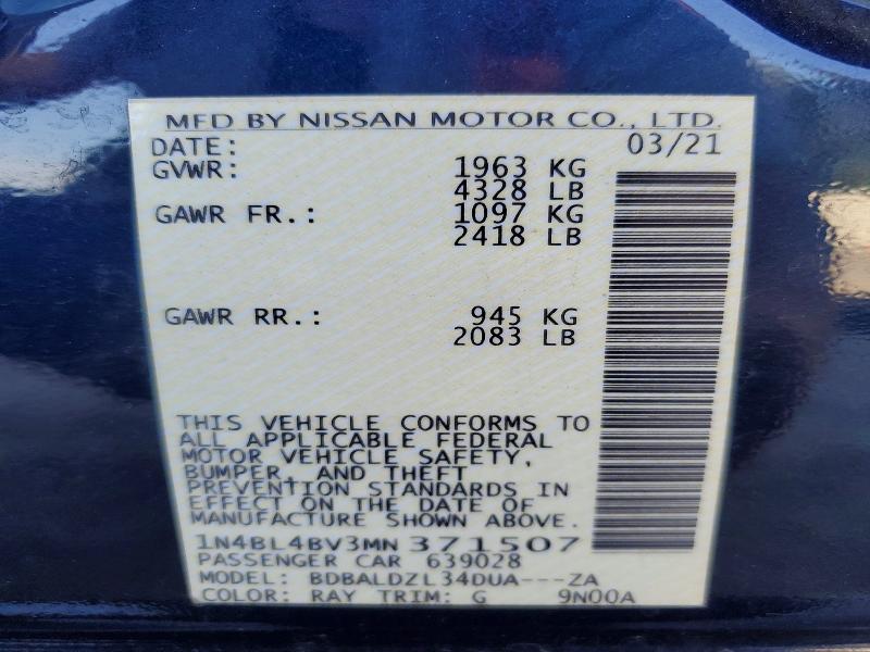 Aukcja sprzedaży 2021 Nissan Altima, vin: 1N4BL4BV3MN371507, numer aukcji: 66124996