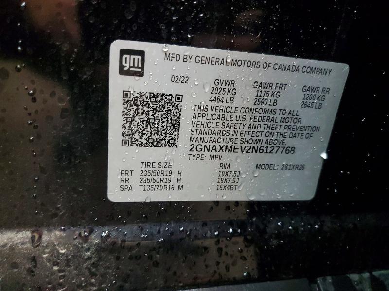 Aukcja sprzedaży 2022 Chevrolet Equinox, vin: 2GNAXMEV2N6127768, numer aukcji: 64838426