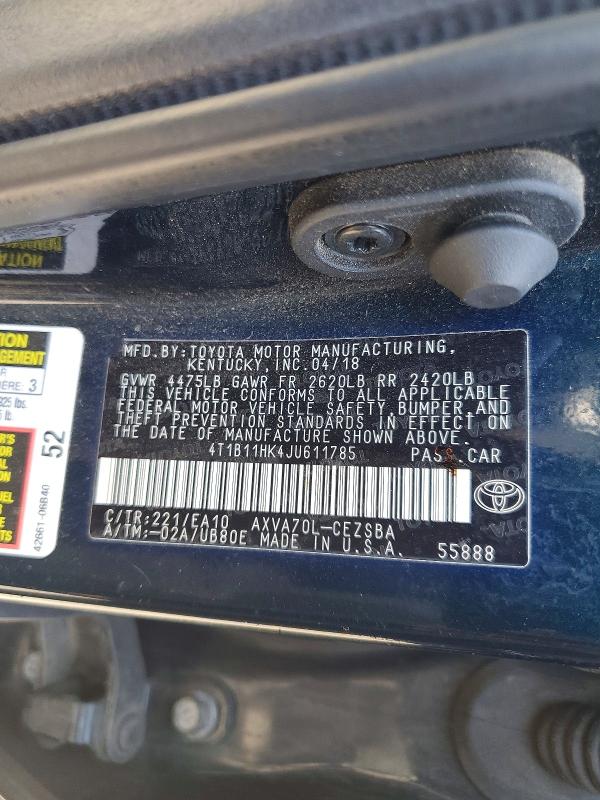 Aukcja sprzedaży 2018 Toyota Camry, vin: 4T1B11HK4JU611785, numer aukcji: 65128576