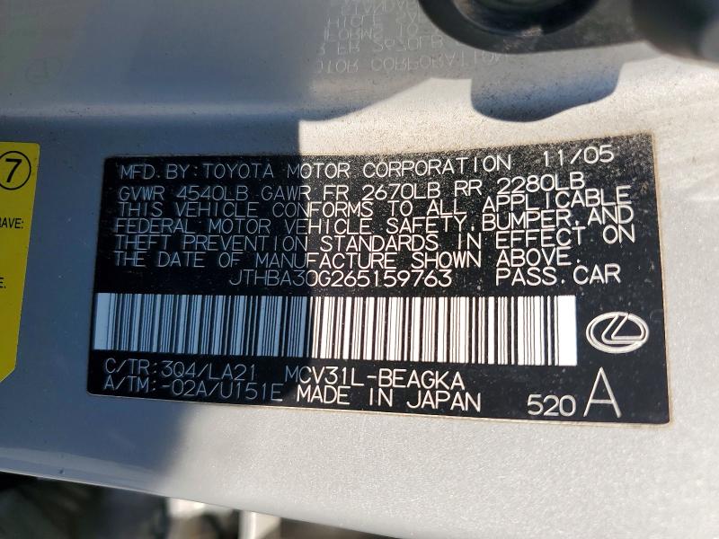 Aukcja sprzedaży 2006 Lexus Es, vin: JTHBA30G265159763, numer aukcji: 66527986