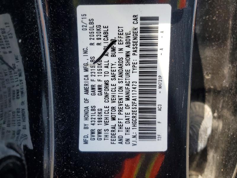 65191676 :رقم المزاد ، 1HGCR2E52FA117473 vin ، 2015 Honda Accord مزاد بيع