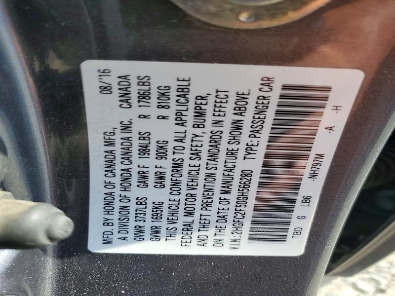 Продаж на аукціоні авто 2016 Honda Civic, vin: 2HGFC2F50GH566280, номер лоту: 63796786