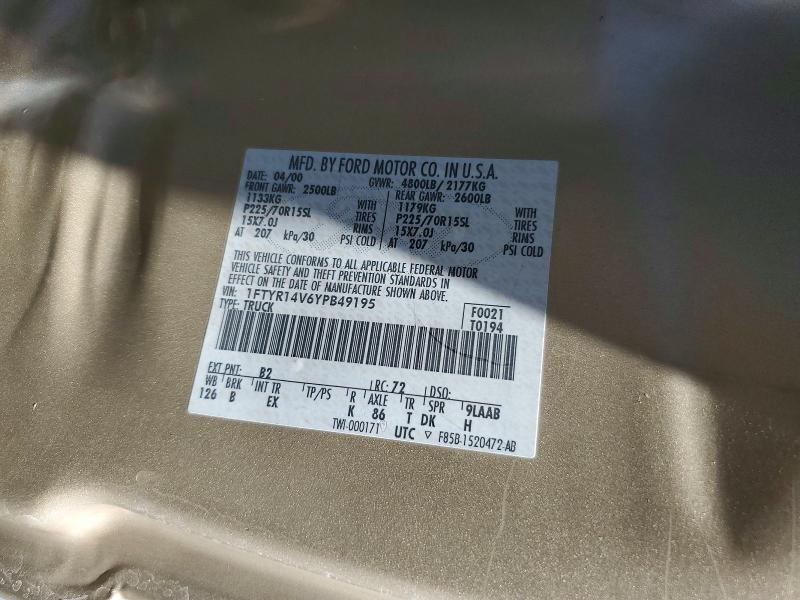 2000 Ford Ranger მანქანა იყიდება აუქციონზე, vin: 1FTYR14V6YPB49195, აუქციონის ნომერი: 62544106