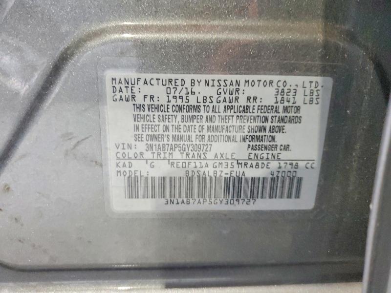 2016 Nissan Sentra მანქანა იყიდება აუქციონზე, vin: 3N1AB7AP5GY309727, აუქციონის ნომერი: 65801936