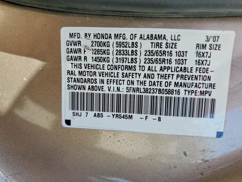 Aukcja sprzedaży 2007 Honda Odyssey, vin: 5FNRL38237B058816, numer aukcji: 65376726