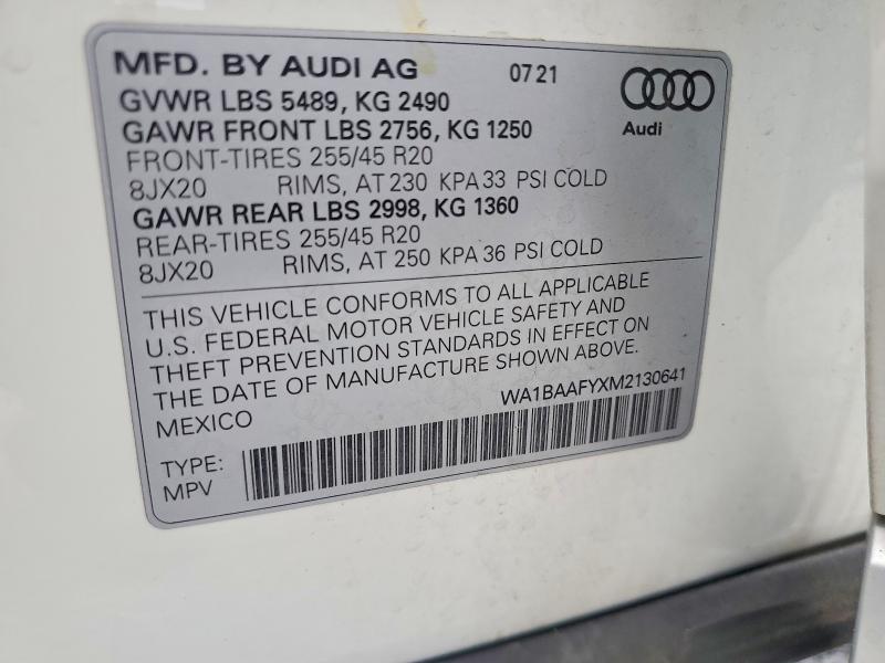64051046 :رقم المزاد ، WA1BAAFYXM2130641 vin ، 2021 Audi Q5 مزاد بيع