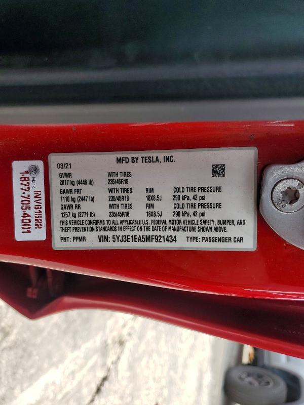 Продажа на аукционе авто 2021 Tesla Model 3, vin: 5YJ3E1EA5MF921434, номер лота: 66760716