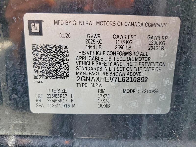 Продаж на аукціоні авто 2020 Chevrolet Equinox, vin: 2GNAXHEV7L6210892, номер лоту: 63696076