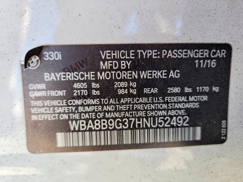 2017 Bmw 330 მანქანა იყიდება აუქციონზე, vin: WBA8B9G37HNU52492, აუქციონის ნომერი: 63805196