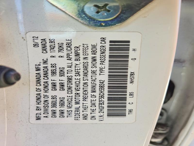 Продаж на аукціоні авто 2012 Honda Civic, vin: 2HGFB2F56CH598342, номер лоту: 63639666