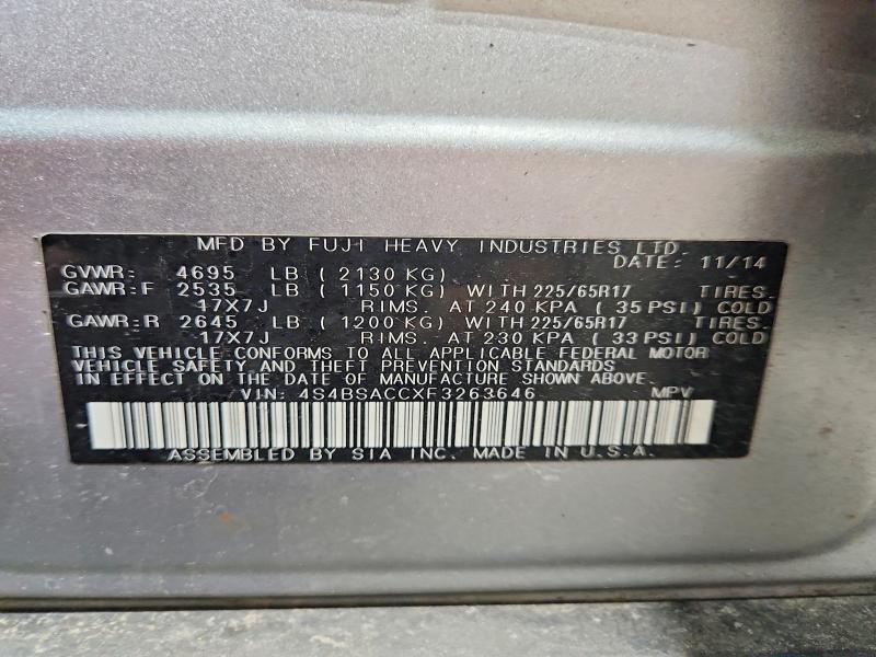 Aukcja sprzedaży 2015 Subaru Outback, vin: 4S4BSACCXF3263646, numer aukcji: 63843946