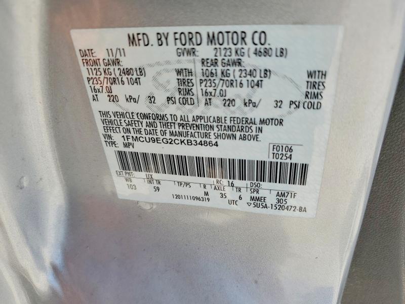 65365476 :رقم المزاد ، 1FMCU9EG2CKB34864 vin ، 2012 Ford Escape مزاد بيع