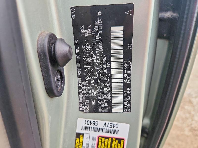 64556546 :رقم المزاد ، 5TDZK22C49S254342 vin ، 2009 Toyota Sienna مزاد بيع