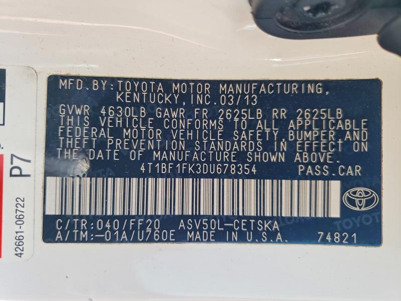 63681316 :رقم المزاد ، 4T1BF1FK3DU678354 vin ، 2013 Toyota Camry مزاد بيع
