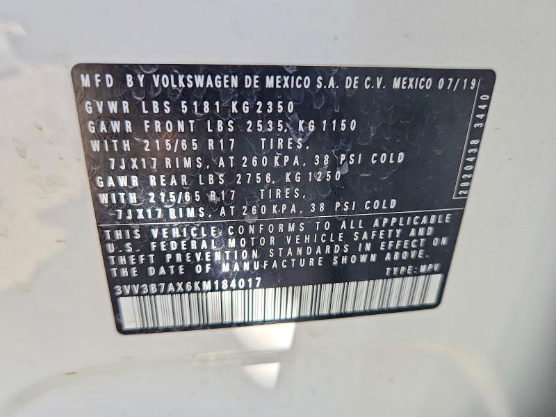 Aukcja sprzedaży 2019 Volkswagen Tiguan, vin: 3VV3B7AX6KM184017, numer aukcji: 66816566
