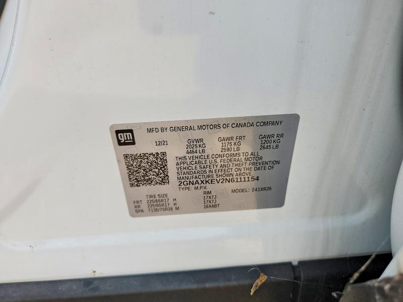 Продаж на аукціоні авто 2022 Chevrolet Equinox, vin: 2GNAXKEV2N6111154, номер лоту: 62525196