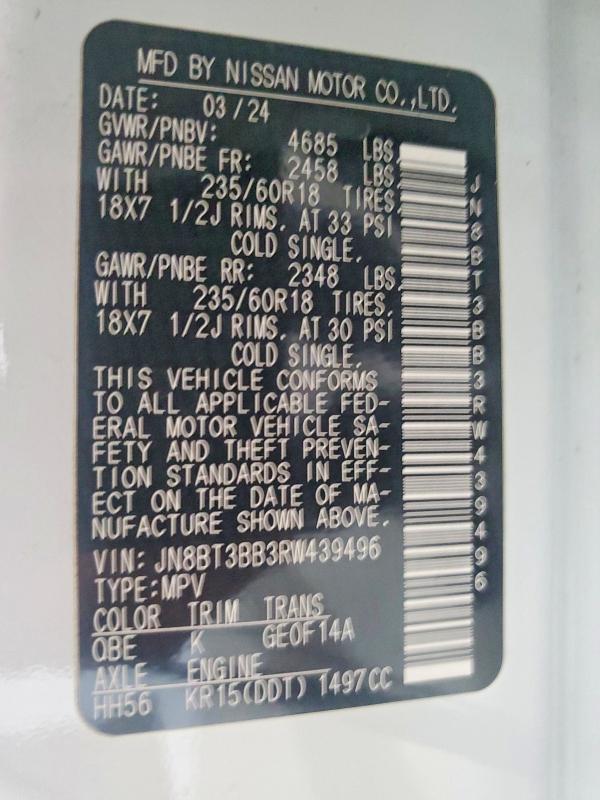 64241356 :رقم المزاد ، JN8BT3BB3RW439496 vin ، 2024 Nissan Rogue مزاد بيع
