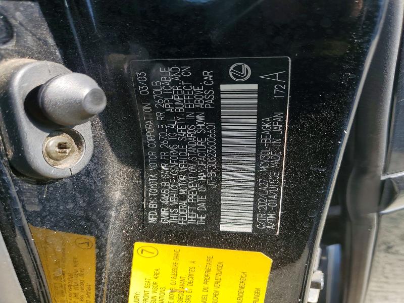 2003 Lexus Es მანქანა იყიდება აუქციონზე, vin: JTHBF30G236006601, აუქციონის ნომერი: 65059566
