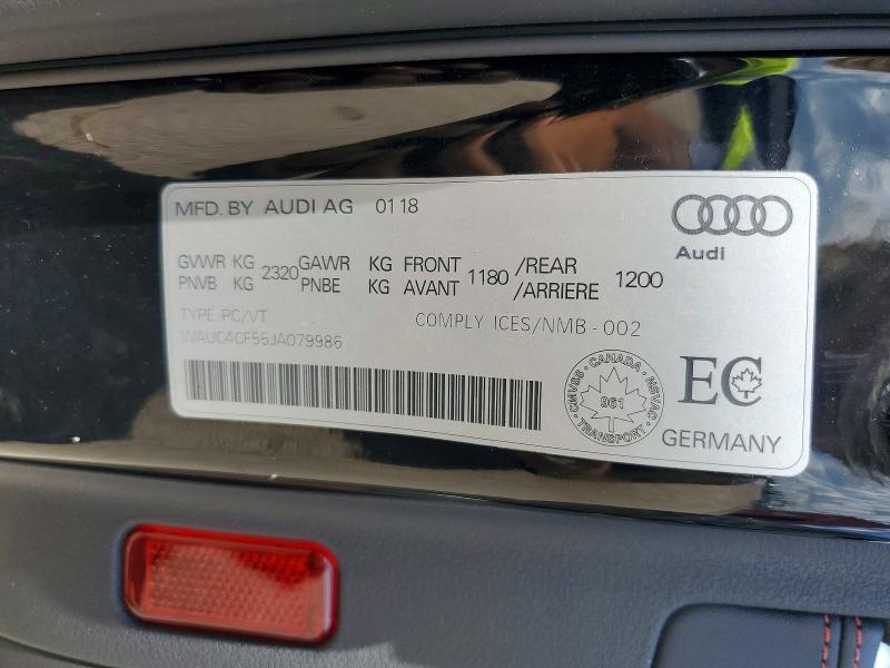 2018 Audi S5 მანქანა იყიდება აუქციონზე, vin: WAUC4CF55JA079986, აუქციონის ნომერი: 65871536