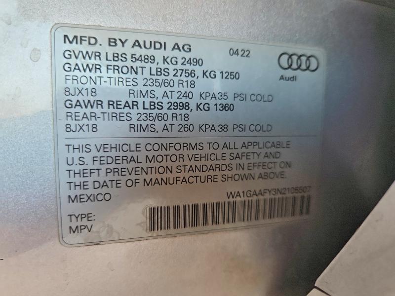 Aukcja sprzedaży 2022 Audi Q5, vin: WA1GAAFY3N2105507, numer aukcji: 64485486