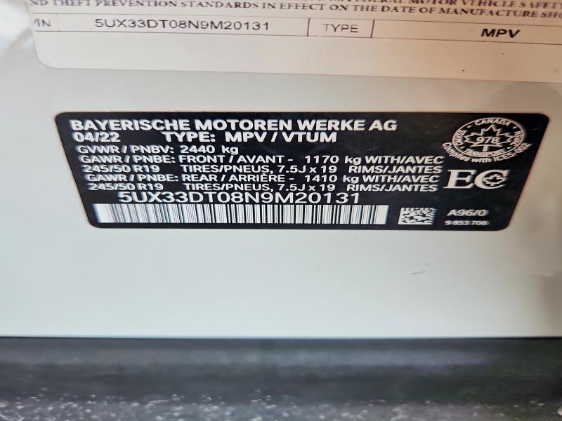 64953686 :رقم المزاد ، 5UX33DT08N9M20131 vin ، 2022 Bmw X4 مزاد بيع