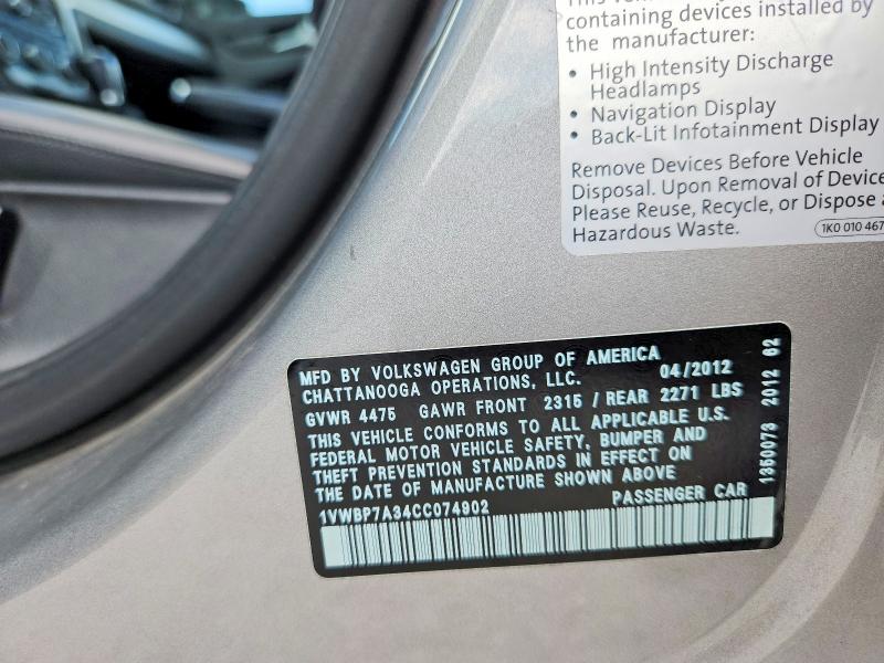 63098756 :رقم المزاد ، 1VWBP7A34CC074902 vin ، 2012 Volkswagen Passat مزاد بيع
