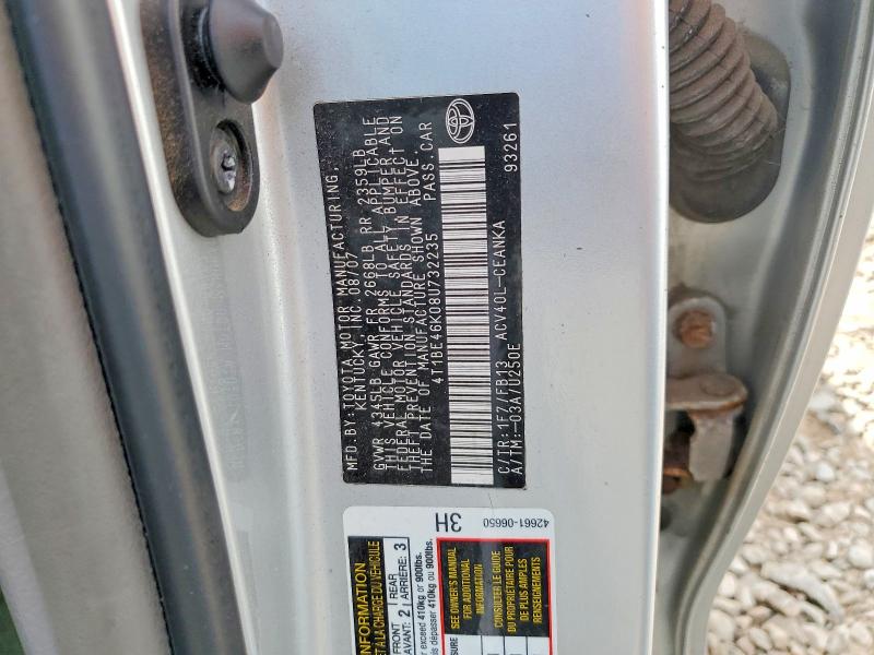 2008 Toyota Camry მანქანა იყიდება აუქციონზე, vin: 4T1BE46K08U732235, აუქციონის ნომერი: 63697626