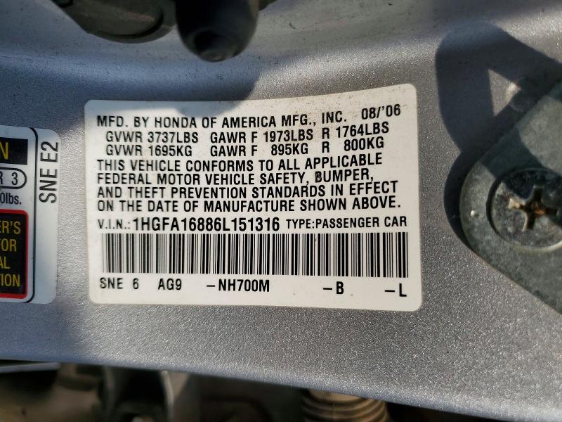 Aukcja sprzedaży 2006 Honda Civic, vin: 1HGFA16886L151316, numer aukcji: 64116536