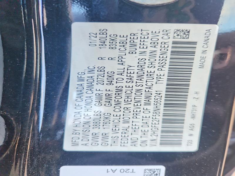 64439556 :رقم المزاد ، 2HGFE2F58NH565241 vin ، 2022 Honda Civic مزاد بيع