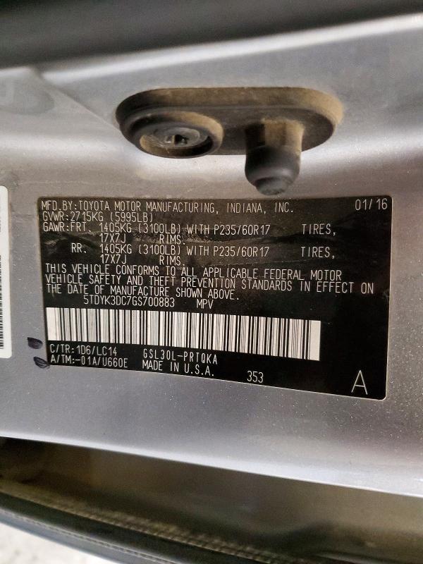 Aukcja sprzedaży 2016 Toyota Sienna, vin: 5TDYK3DC7GS700883, numer aukcji: 63559556