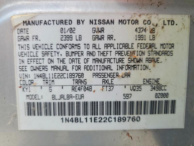 2002 Nissan Altima მანქანა იყიდება აუქციონზე, vin: 1N4BL11E22C189760, აუქციონის ნომერი: 64127826