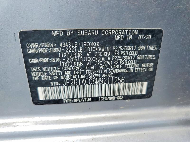 51725046 :رقم المزاد ، JF2GTACC8M9211256 vin ، 2021 Subaru Crosstrek مزاد بيع