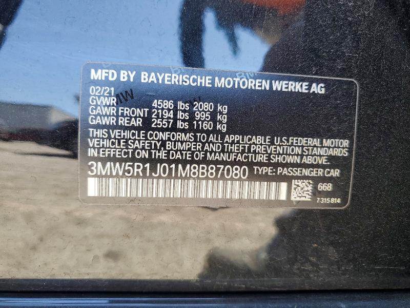Aukcja sprzedaży 2021 Bmw 330i, vin: 3MW5R1J01M8B87080, numer aukcji: 63799426