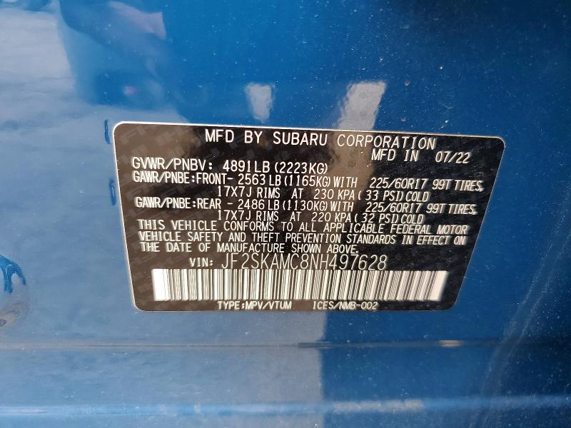 65558636 :رقم المزاد ، JF2SKAMC8NH497628 vin ، 2022 Subaru Forester مزاد بيع