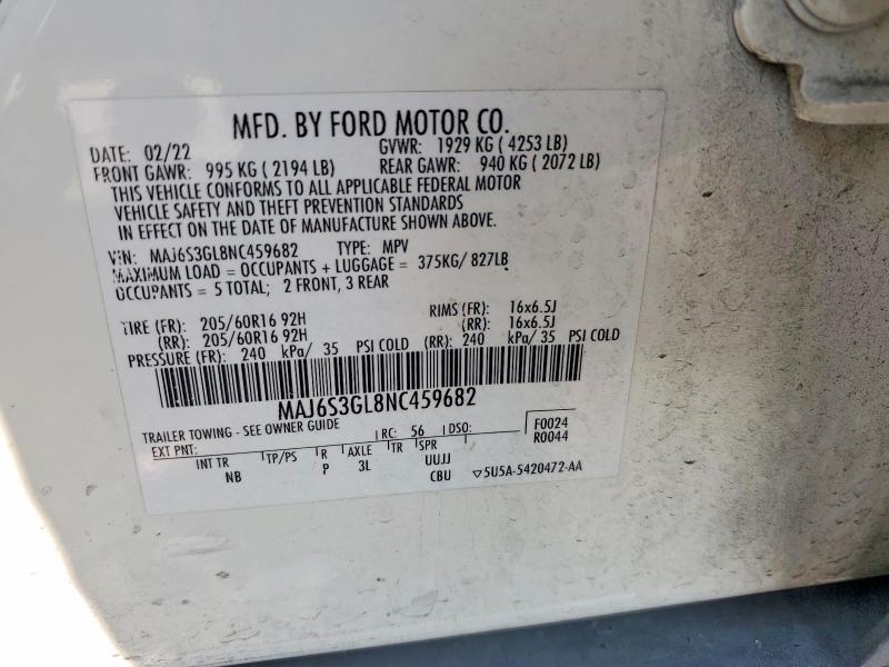 2022 Ford Ecosport მანქანა იყიდება აუქციონზე, vin: MAJ6S3GL8NC459682, აუქციონის ნომერი: 64604366