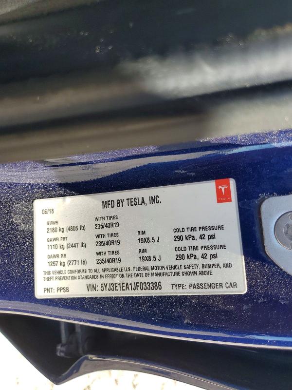 65759396 :رقم المزاد ، 5YJ3E1EA1JF033386 vin ، 2018 Tesla Model 3 مزاد بيع