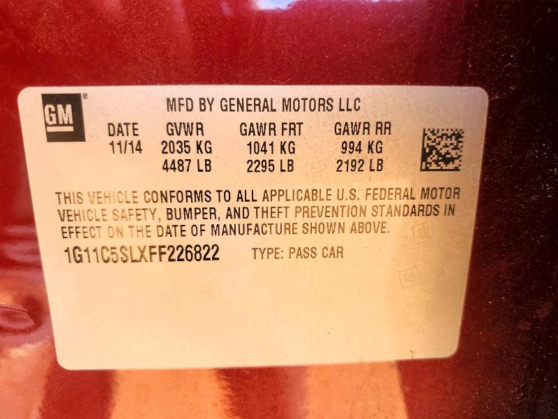 2015 Chevrolet Malibu მანქანა იყიდება აუქციონზე, vin: 1G11C5SLXFF226822, აუქციონის ნომერი: 64388376
