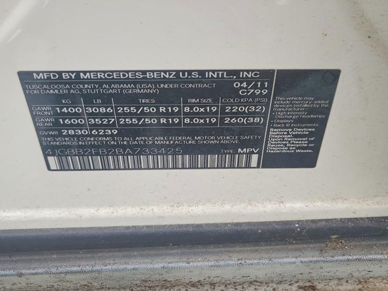 63281786 :رقم المزاد ، 4JGBB2FB2BA733425 vin ، 2011 Mercedes-benz Ml مزاد بيع