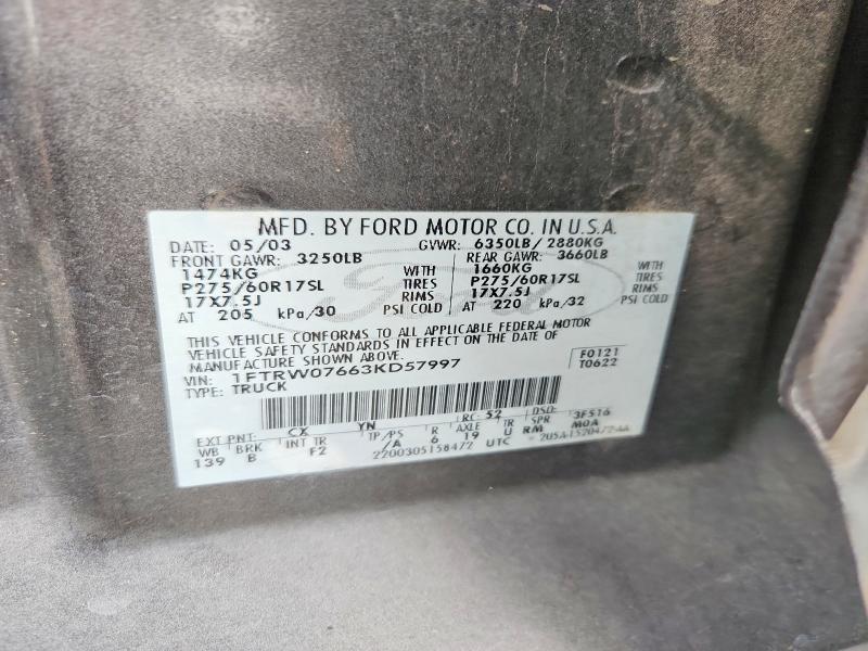 Aukcja sprzedaży 2003 Ford F150, vin: 1FTRW07663KD57997, numer aukcji: 64425946