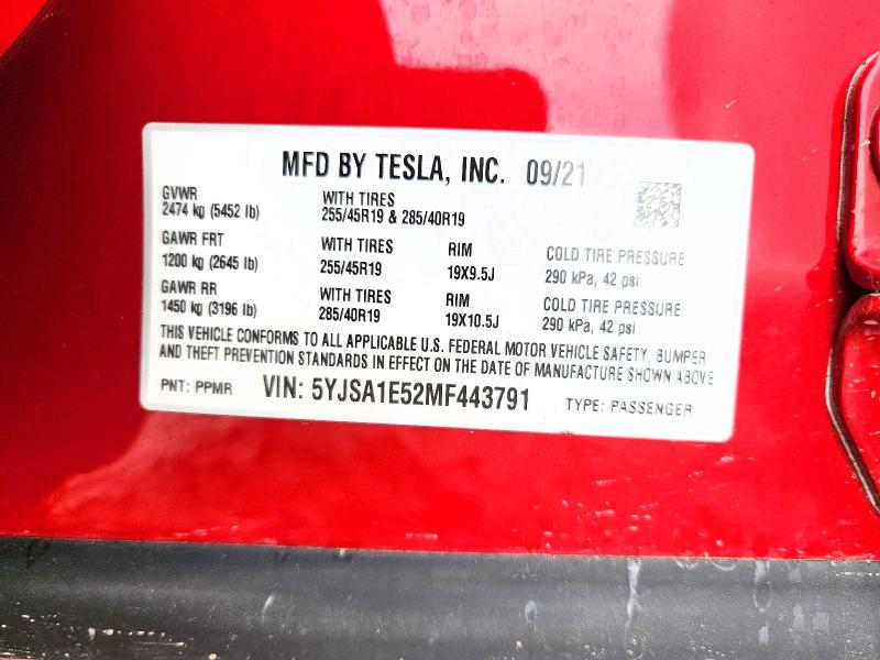 Продаж на аукціоні авто 2021 Tesla Model S, vin: 5YJSA1E52MF443791, номер лоту: 66293316
