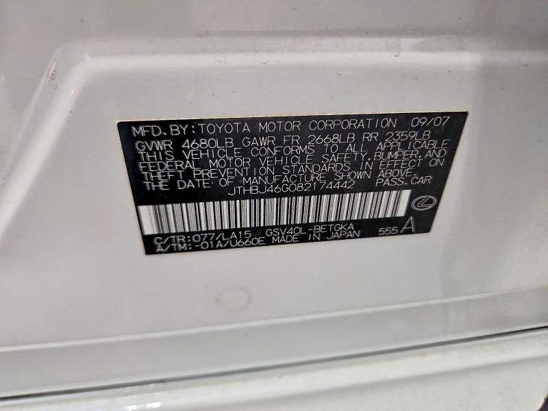 64440886 :رقم المزاد ، JTHBJ46G082174442 vin ، 2008 Lexus Es مزاد بيع
