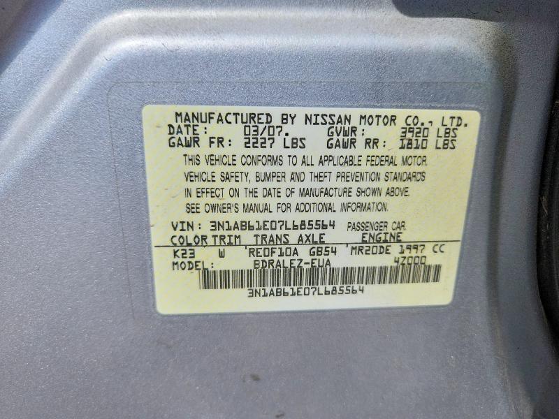 Продаж на аукціоні авто 2007 Nissan Sentra, vin: 3N1AB61E07L685564, номер лоту: 65511276