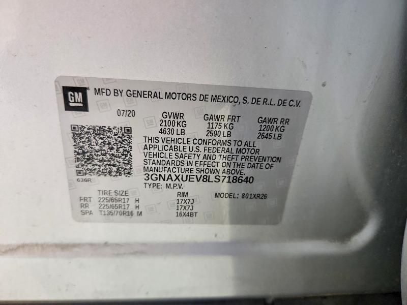 Aukcja sprzedaży 2020 Chevrolet Equinox, vin: 3GNAXUEV8LS718640, numer aukcji: 65132476