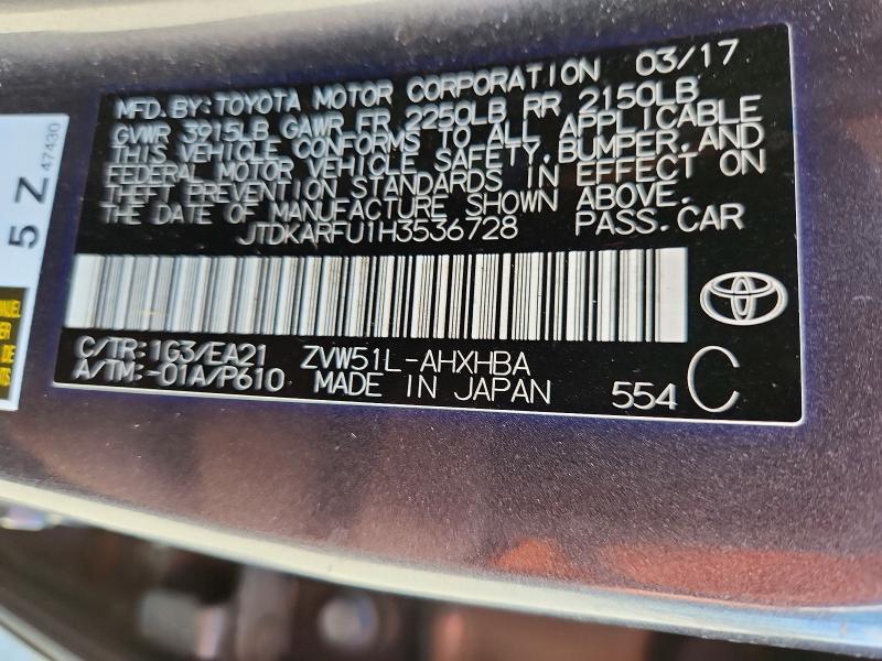 66394966 :رقم المزاد ، JTDKARFU1H3536728 vin ، 2017 Toyota Prius مزاد بيع