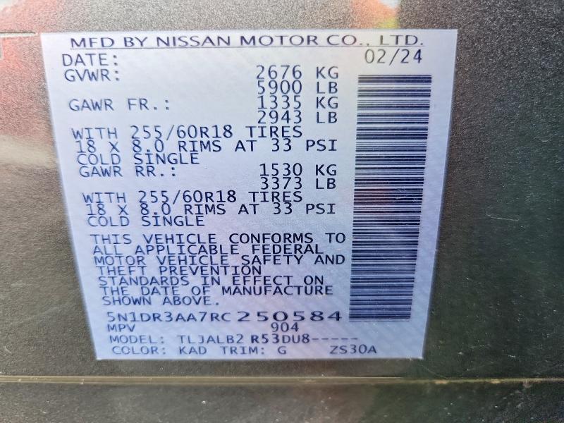 65715046 :رقم المزاد ، 5N1DR3AA7RC250584 vin ، 2024 Nissan Pathfinder مزاد بيع