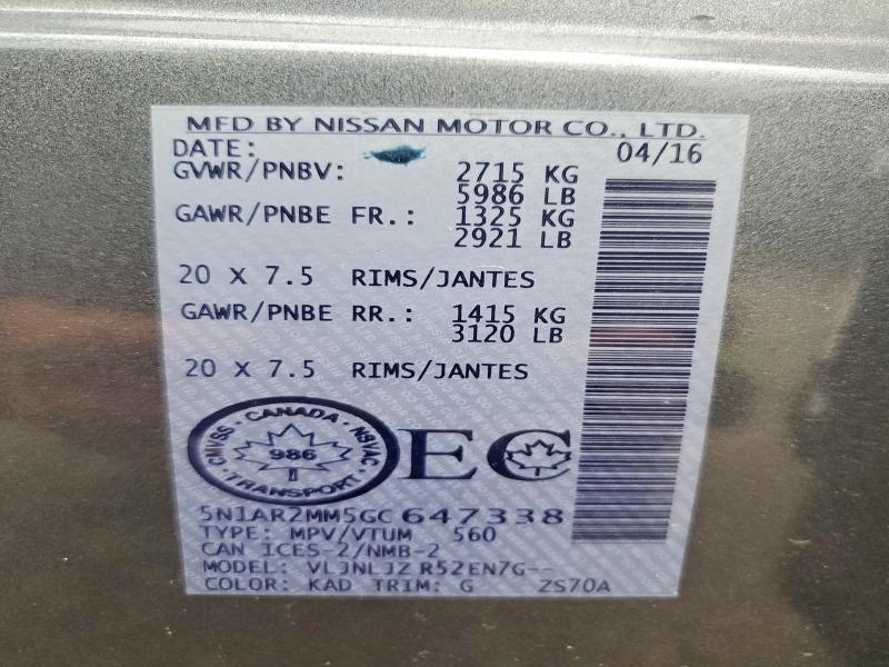 63922516 :رقم المزاد ، 5N1AR2MM5GC647338 vin ، 2016 Nissan Pathfinder مزاد بيع