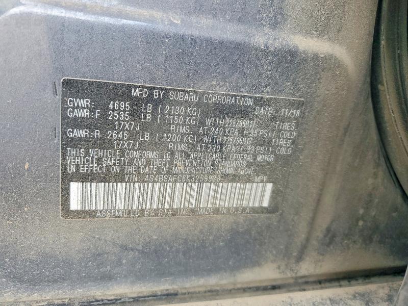 2019 Subaru Outback მანქანა იყიდება აუქციონზე, vin: 4S4BSAFC6K3259938, აუქციონის ნომერი: 66261036