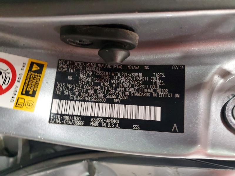 Aukcja sprzedaży 2014 Toyota Highlander, vin: 5TDJKRFH4ES022300, numer aukcji: 64755006