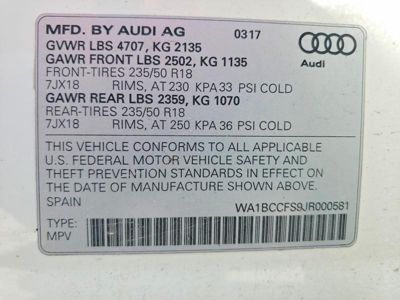 Продаж на аукціоні авто 2018 Audi Q3, vin: WA1BCCFS9JR000581, номер лоту: 64740596