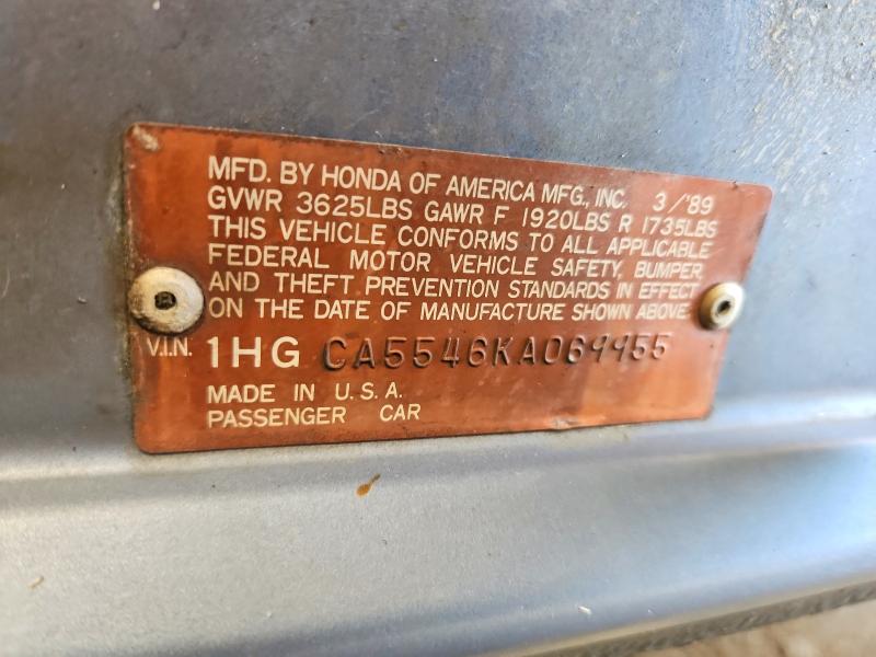 1989 Honda Accord მანქანა იყიდება აუქციონზე, vin: 1HGCA5546KA069955, აუქციონის ნომერი: 64453496